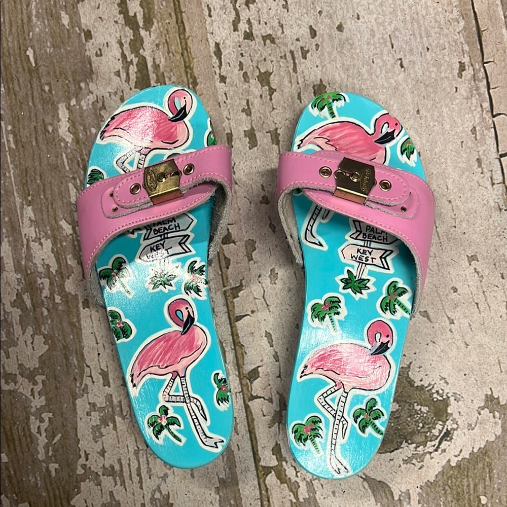 Hand Painted Lds. Dr Scholl’s Pink Flamingo Slide Sandals Sz 8